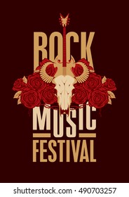 banner poster for festival rock music with goat skull, roses and electric guitar