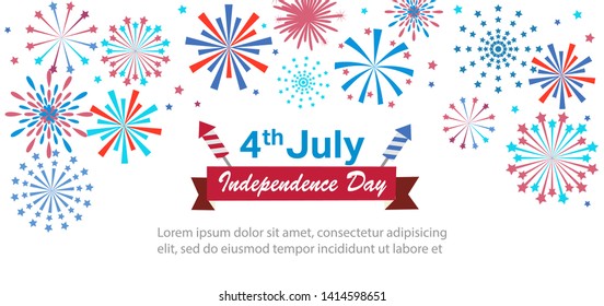 Banner or poster with fireworks for celebrate the national day of USA. Happy 4th of July Independence Day card. US flag colors, fireworks, greeting text. vector illustration - Vector