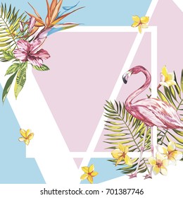 Banner, poster with flamingo, palm leaves, jungle leaf. Beautiful vector floral tropical summer background.