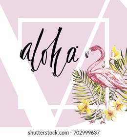 Banner, poster with flamingo, palm leaves, jungle leaf. Beautiful vector floral tropical summer background. Lettering composition - Aloha. EPS 10