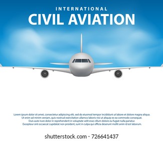 Banner, poster, flyer with Airplane background. Plane in blue sky, civil aviation airliner. Commercial airliner travel concept design. Vector illustration