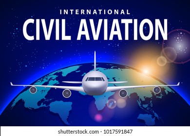 Banner, poster, flyer with Airplane and earth. Plane on sunny blue background, civil aviation airliner. Commercial airliner travel concept design. Vector illustration