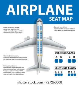 Banner, Poster, Flyer With Airplane Seat Map. Plane Business And Economy Class And Place For Text. Vector Illustration