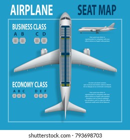 Banner, Poster, Flyer With Airplane Seats Plan. Business And Economy Classes Top View Aircraft Information Map. Realistic Passenger Aircraft Indoor Seating Chart. Vector Illustration.