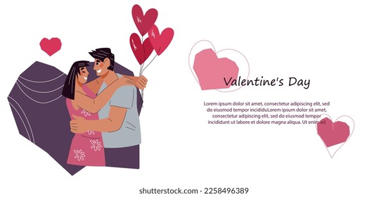 Banner or poster, flyer or shop coupon design for Valentines day, vector illustration on white background. Vector invitation banner or flyer template with loving couple for Valentines day holiday.