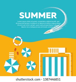 Banner, poster, flyer, summer in a modern style. Top view on a beach background with a rescue booth, swimming circle, umbrellas, starfish, slates, sea, beach, yacht. Vector illustration