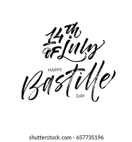 Banner or poster for the French National Day. 14th of july Happy Bastille day card. Ink illustration. Modern brush calligraphy. Isolated on white background.