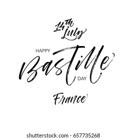 Banner or poster for the French National Day. 14th of july Happy Bastille day card. Ink illustration. Modern brush calligraphy. Isolated on white background.