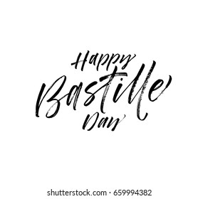 Banner or poster for the French National Day. 14th of july Happy Bastille day card. Ink illustration. Modern brush calligraphy. Isolated on white background.