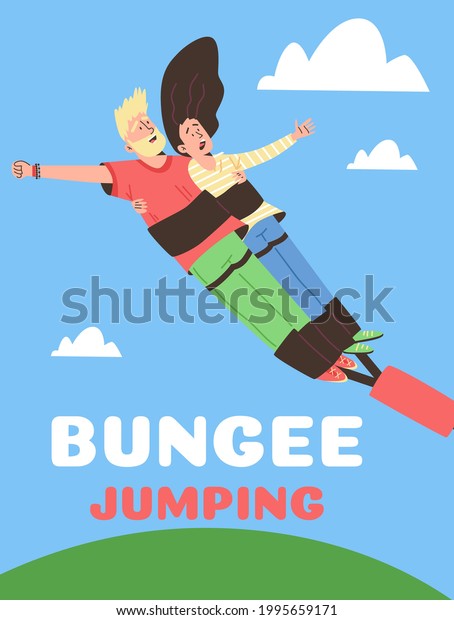 Banner or poster for fun\
bungee jumping with couple in safe equipment against summer sky\
background, flat vector illustration. Bungee entertainment and\
extreme sport.