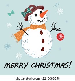 Banner or poster with funny snowman in hat with Christmas ball, flat vector illustration on blue background. Design for Christmas and New Year cards, posters and invitations.