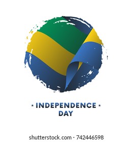 Banner or poster of Gabon Independence Day celebration. Waving flag of Gabon, brush stroke background. Vector illustration.