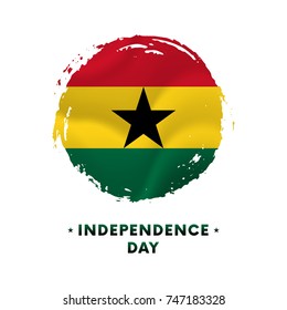 Banner or poster of Ghana Independence Day celebration. Waving flag of Ghana, brush stroke background. Vector illustration.