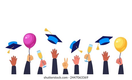 Banner, Poster mit Absolventenhänden, fliegende Graduiertenhüte, Luftballons, Champagnergläser. Erhobene Hände auf weißem Hintergrund. Vektorillustration flacher Stil