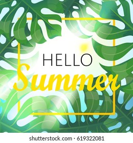 Banner, poster with green leaves or jungle leaf and Sun rays. Vector floral tropical summer background