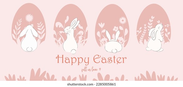 Banner, poster, greeting card to celebrate Happy Easter. Trendy and minimalist design with typography. Set eggs with Chinese shadow cutout of natural elements (plants and flowers), rabbits. Soft and p