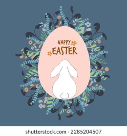 Banner, poster, greeting card, gift to celebrate Happy Easter. Trendy and minimalist design with flowers, plants and egg (location for typography)... Soft and pastel colors.