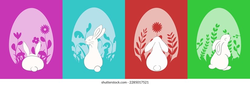 Banner, poster, greeting card for Happy Easter. Set eggs with Chinese shadow cutout of natural elements (plants, flowers), rabbits. Trendy, minimalist design. Pastel colors in contrast with dark tones