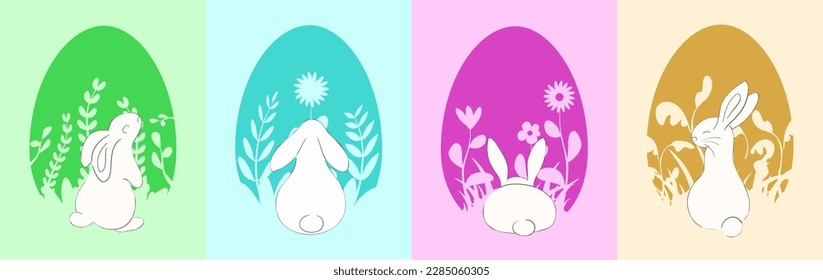 Banner, poster, greeting card for Happy Easter. Set eggs with Chinese shadow cutout of natural elements (plants and flowers), rabbits. Pastel colors in contrast with dark tones.