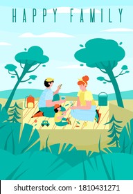 Banner or poster with a happy family having a picnic in nature on a summer or spring day. Mother, father and son at leisure on weekends or holidays. Vector flat cartoon illustration.
