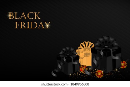 Banner, poster, header of the Black Friday website. Realistic gift boxes. Black background with red balls.