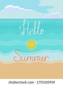 Banner oder Poster Hallo Sommer. Vektorgrafik von Meer- und Strandsand mit Buchstaben
