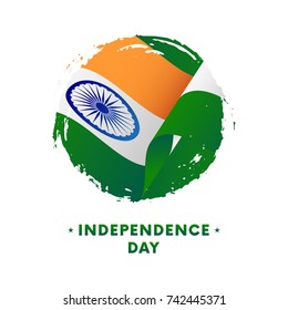 Banner or poster of India Independence Day celebration. Waving flag of India, brush stroke background. Vector illustration.