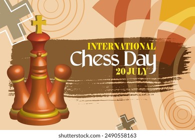 Banner Poster International Chess Day with Pieces and Chessboard in July 20th Celebration. Holiday concept Template for background, banner, card, poster with text inscription