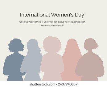 Banner, poster for International Women's Day. Silhouettes of women of different nationalities in pastel colors. Event.