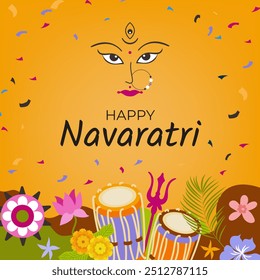 Banner, cartaz ou um cartão de convite para comemorar feliz Navratri Festival.Fundo vetor colorido com atributos de férias