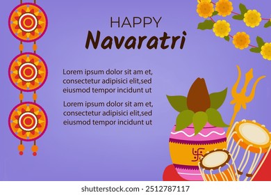 Banner, cartaz ou um cartão de convite para comemorar feliz Navratri Festival.Fundo vetor colorido com atributos de férias