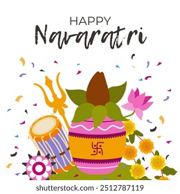 Banner, cartaz ou um cartão de convite para comemorar feliz Navratri Festival.Fundo vetor colorido com atributos de férias