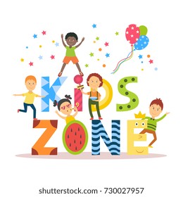 Banner, poster with Kid Zone text and children signing, dancing, having fun, flat cartoon vector illustration isolated on white background. Flat cartoon style Kid Zone banner, poster, invitation