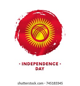 Banner or poster of Kyrgyzstan Independence Day celebration. Waving flag of Kyrgyzstan, brush stroke background. Vector illustration.