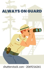 Banner or poster layout for guard ranger forces of forest or nature reserve, flat vector illustration. Ranger squad advertising banner or card template.