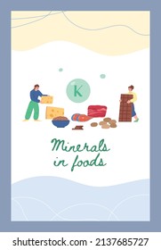 Banner or poster layout of mineral food sources, cartoon flat vector illustration. Minerals trace elements, vitamin nutrients and healthy balanced nutrition.