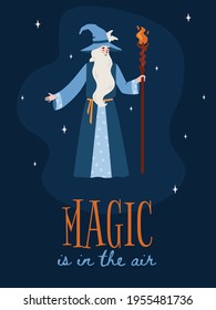 Banner or poster with medieval wizard and text flat vector illustration.