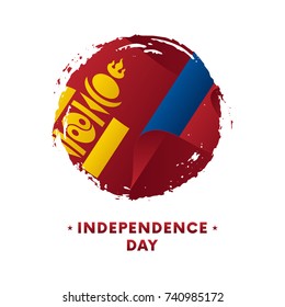 Banner or poster of Mongolia Independence Day celebration. Waving flag of Mongolia, brush stroke background. Vector illustration.