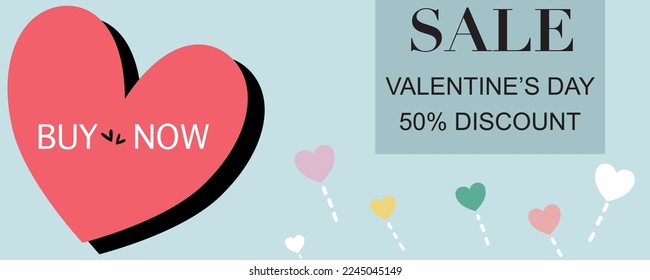 Banner or poster on Valentine’s Day for sale and discount 50% on shop, including light pastel blue background and hearts