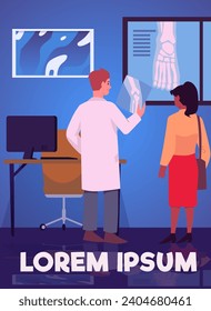 Banner or poster with patient at appointment with doctor orthopedist, flat cartoon vector illustration. Orthopedic surgery and medicine banner templpate.