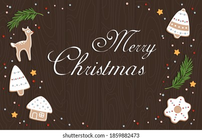  banner, poster, postcard Christmas and New Year. star cookies, gingerbread with icing. Cute flat vector illustration, top view