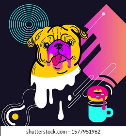 Banner poster print with the head of the mug of a pug dog bulldog on a dark background with cup of coffee, donat, geometric neon gradient elements. Synthwave vapor style. Vector stock graphics
