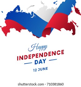 Banner or poster of Russia independence day celebration. Russia map. Waving flag. Vector illustration.