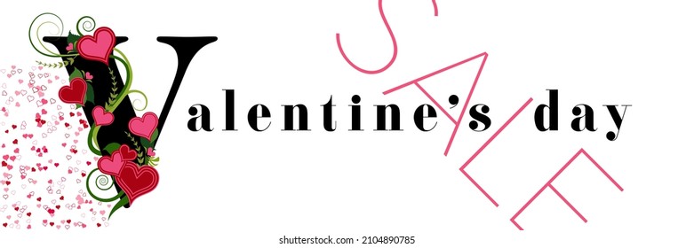 Banner or poster for the sales on Valentine's Day with hearts and an original typographic design. 