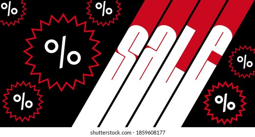 Banner or poster for sales with slanted typo and "%" symbols for price reduction - English text.