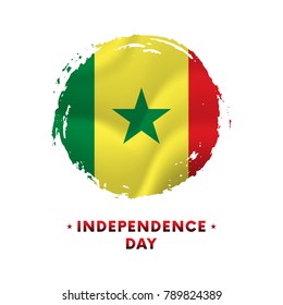 Banner or poster of Senegal Independence Day celebration. Waving flag of Senegal, brush stroke background. Vector illustration.