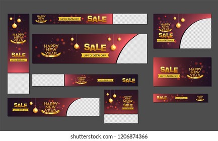 Banner or poster set, Upto 50% discount offer with glowing hanging baubles on abstract background for Happy New Year sale.