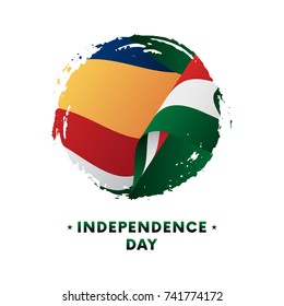 Banner or poster of Seychelles Independence Day celebration. Waving flag of Seychelles, brush stroke background. Vector illustration.