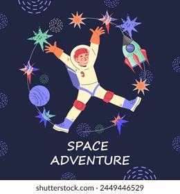 Banner or poster for Space adventure with child as they explore planets and galaxies. Kids educational activities advertising banner template, flat cartoon vector illustration.