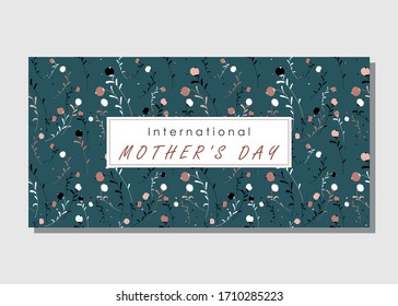 Banner, poster, sticker, background with branches and the text "International Mother's Day". Stylized card with plant. Vector illustration.